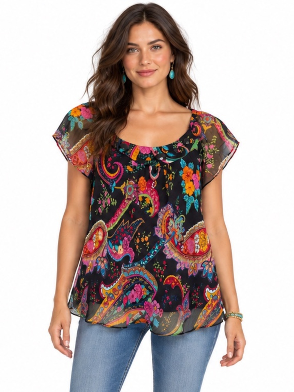 Y2K Tradition Blouse Paisley Floral Beaded Flutter Sleeve colourful sz 10
